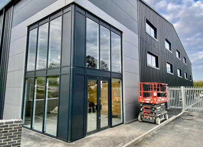 Glazed corner and entrance on a commercial building